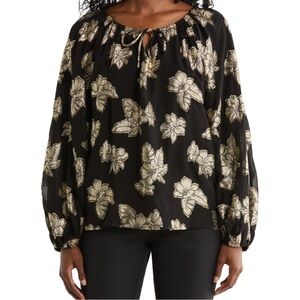 NWT Tommy Bahama Shimmering Shores Peasant Blouse Black Gold Leaf Print, size XL